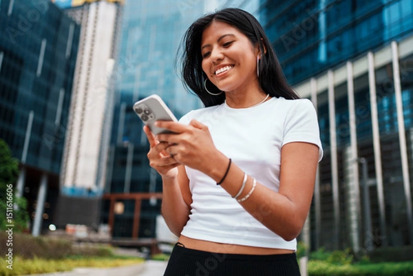 Obraz A young woman is smiling broadly while she is using her smartphone in an urban setting