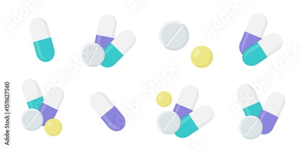 Obraz Set of flat vector illustrations with pills, capsules, tablets, and vitamins in pastel colors. Isolated on white background.