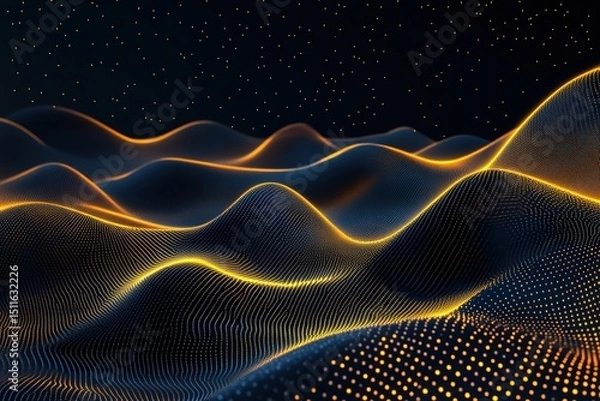 Fototapeta Abstract digital landscape with flowing waves of light and dark tones, illuminated by glowing lines and dots, creating a mesmerizing visual experience of depth and movement