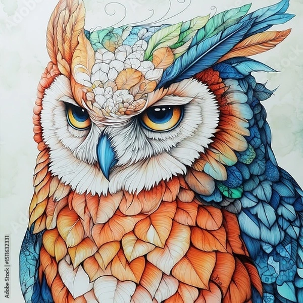 Fototapeta Colorful owl illustration featuring intricate feather details and vibrant hues, showcasing the beauty of wildlife art and the majesty of nature in a captivating design