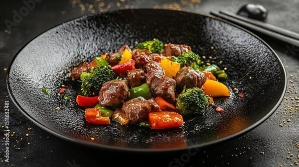 Fototapeta Colorful stir-fried beef with vibrant vegetables including bell peppers and broccoli, served in a sleek black bowl, showcasing a delicious and appetizing culinary presentation