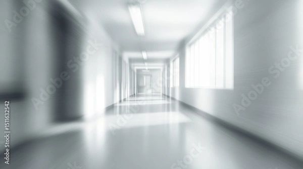 Fototapeta Blurred perspective of a long corridor with bright lights and large windows, showcasing a modern architectural design and spacious environment with clean lines and minimalistic style