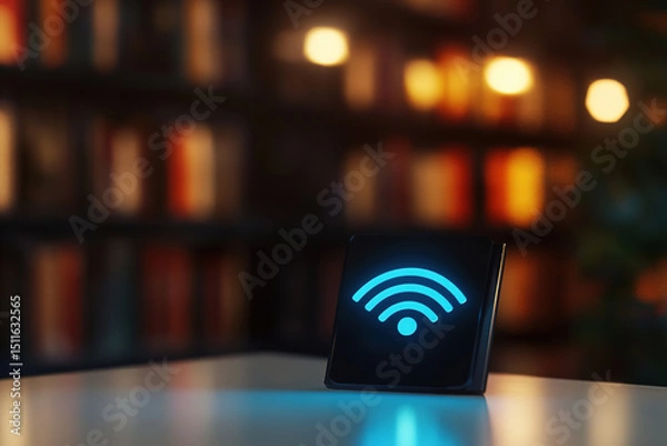 Fototapeta Wireless internet symbol illuminated on a sleek black device, placed on a table with a blurred bookshelf background, representing connectivity and modern technology