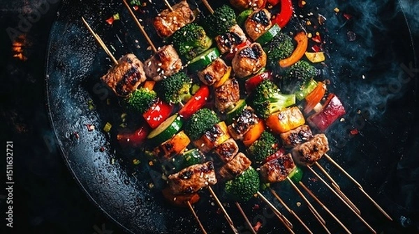 Fototapeta Grilled skewers featuring marinated meat and colorful vegetables, arranged on a dark grill, surrounded by smoke and vibrant spices, showcasing a delicious culinary experience