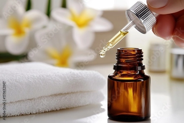 Fototapeta Amber glass bottle with dropper, essential oil being dispensed, surrounded by white towel and flowers, creating a serene spa atmosphere for relaxation and wellness