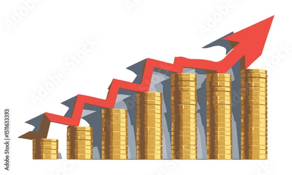 Fototapeta A modern vector illustration of stacked gold coins arranged in ascending order, forming bar graph columns. A bold, red zigzag arrow runs across the tops of the coin stacks, easily editable and scalabl