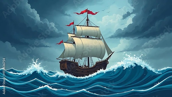 Obraz Historic Sailing Ship Braving Stormy Seas A Dramatic Ocean Voyage Illustration