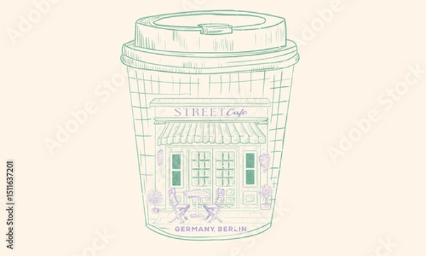Fototapeta Coffee cup. Street cafe graphic print design for t shirt, apparel, posters, background and others. Welcome street cafe abstract art design.