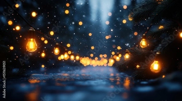 Fototapeta Snowy forest path, glowing lights, winter scene, holiday magic