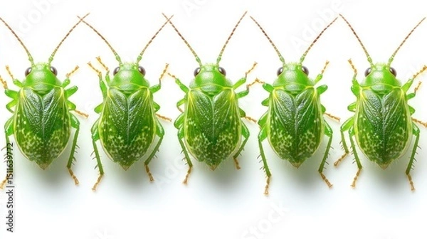 Fototapeta Green bugs studio shot, row, white background, nature, insect