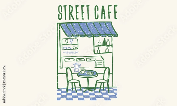 Fototapeta Street cafe graphic print design for t shirt, apparel, posters, background and others. Cafe abstract art design.