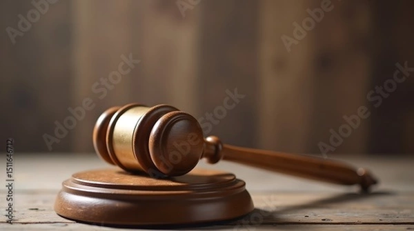 Fototapeta A close-up of a wooden gavel resting on a wooden block, symbolizing justice and the legal system.