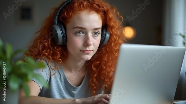 Fototapeta A focused young woman with curly red hair wearing headphones, engaged in a task on her laptop in a cozy indoor setting.