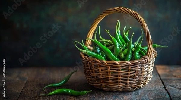 Obraz Fresh green chili peppers in a woven basket on a rustic wooden table
