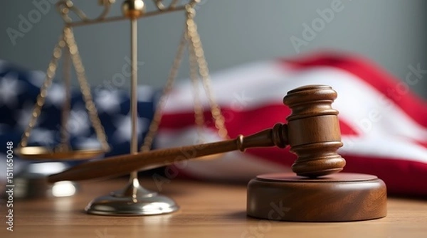 Fototapeta Close-up of a wooden gavel in front of a scale of justice and an American flag, symbolizing law and justice.