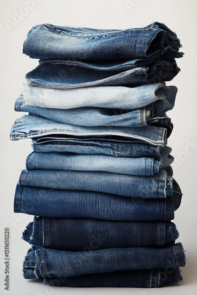 Obraz A neatly stacked pile of folded blue jeans in varying shades of denim fabric