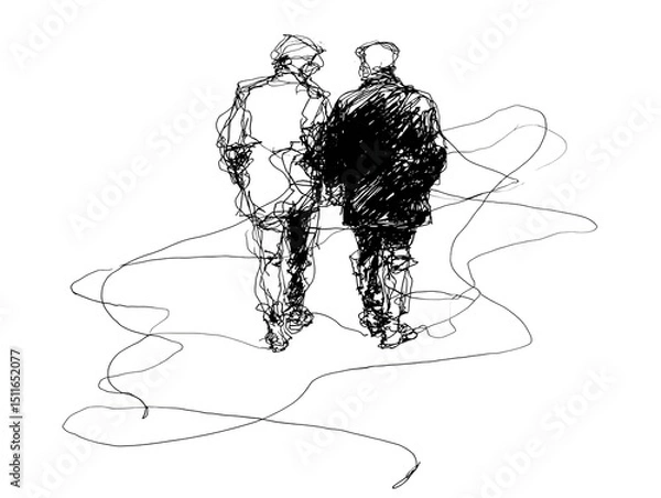 Fototapeta A sketchy line art drawing depicts two men standing back to back on an abstract swirling path.