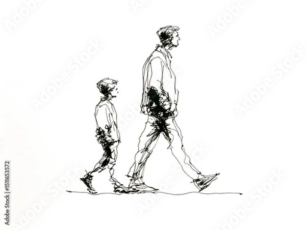 Fototapeta A simple line drawing depicts a father and son walking together side by side enjoying a casual stroll.