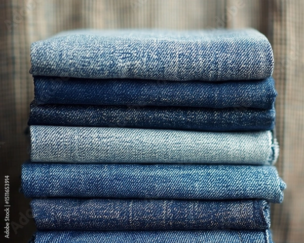 Obraz Stack of folded denim jeans in varying shades of blue on a neutral background
