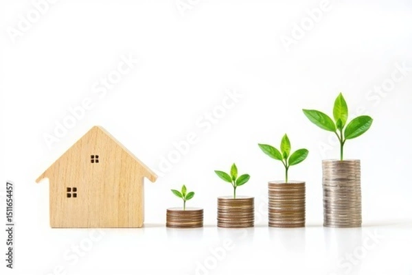 Obraz Real estate investment growth concept stacks of coins and house saving money for home