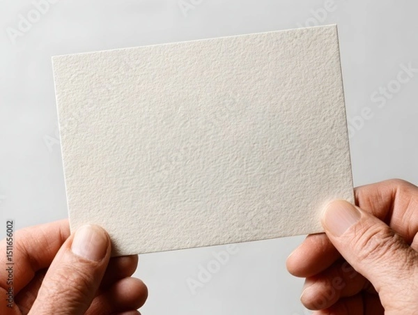 Fototapeta Two hands hold a blank off-white textured card perfect for adding your design or text message for various uses.