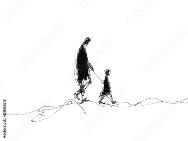 Fototapeta A minimalist line drawing depicts a father and child walking hand in hand across a gently undulating landscape.