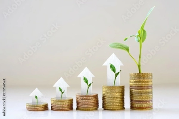 Obraz Financial growth concept: stacks of coins with plants and arrows showing upward trend