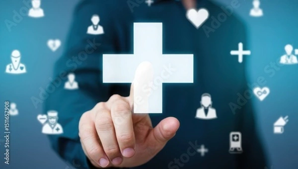 Obraz Digital healthcare solutions concept man touching plus sign medical technology app