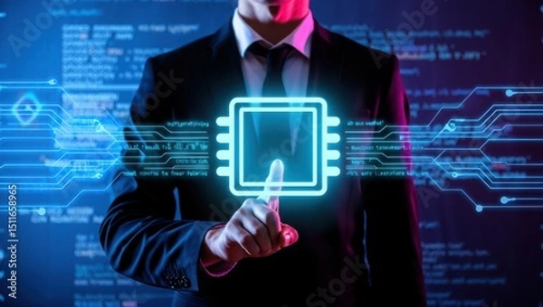 Obraz Artificial intelligence ai technology concept businessman touching digital chip icon