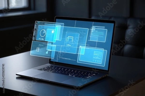 Obraz Futuristic laptop with transparent interface for software development and design work