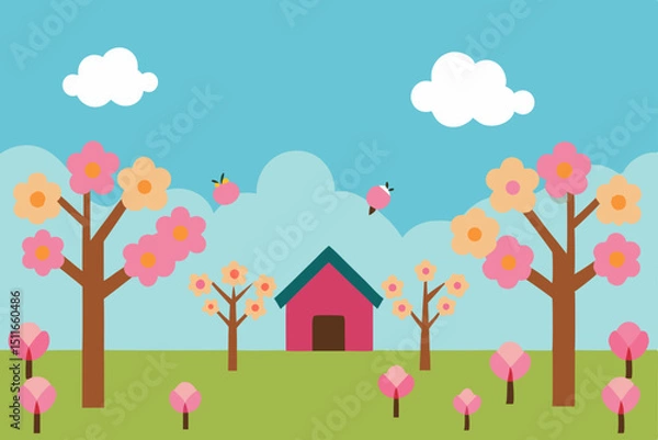 Fototapeta vector orchard in spring bloom with pink petals  