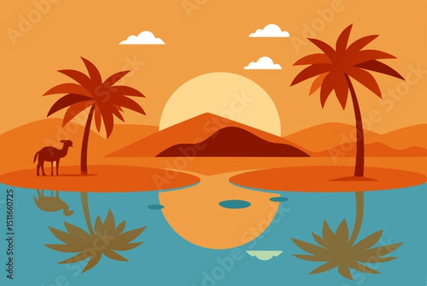 Fototapeta vector style desert oasis with palm trees  water 