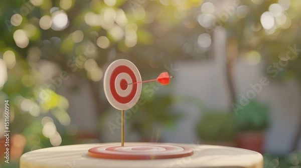 Obraz Red arrow hitting the center of a target with red rings, against a blurred green backdrop. AI generative..