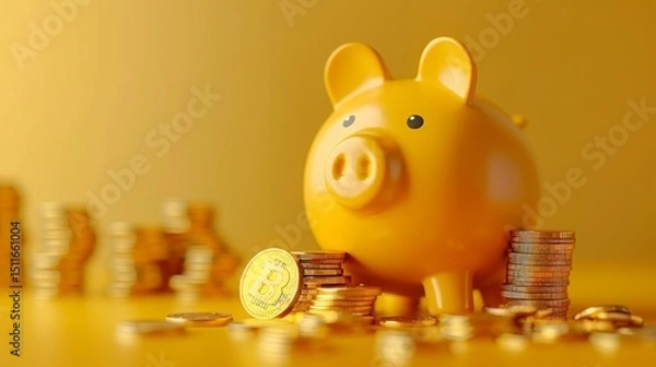 Obraz Golden piggy bank with coins and digital currency stacks on a gold background. AI generative.