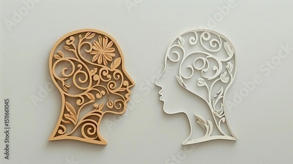 Obraz Two profile figures, ornate swirls and flora in brown and white, face each other. AI generative.