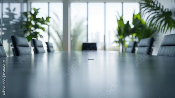 Obraz Sleek boardroom with a large table, black chairs, plants, and a bright cityscape visible outside. AI generative.