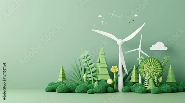 Obraz Green backdrop featuring windmills, trees, and stylized foliage. Sustainable energy concept with wind turbines. AI generative..