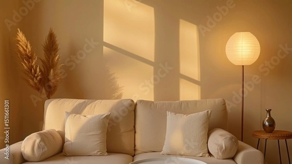 Obraz Cozy beige sofa, pillows, decorative grass, soft light, floor lamp, warm tones. Home interior. AI generative..