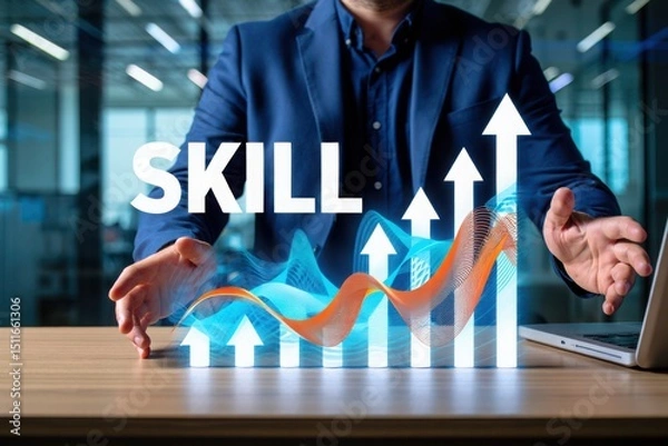 Obraz Skill development and career growth concept with arrows and business person in suit