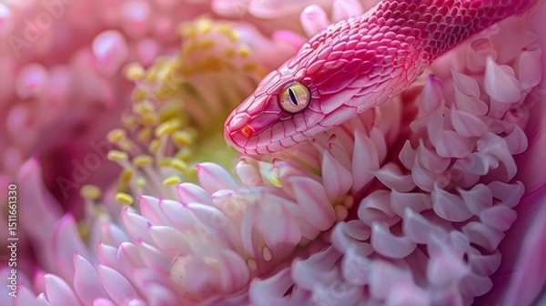 Obraz Close-up of a pink snake nestled in flower petals, focus on its yellow eye. AI generative..