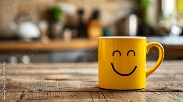 Obraz Yellow mug with a smiling face on a wooden table. Kitchen background. AI generative.