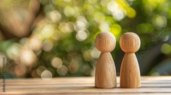 Obraz Two wooden figures on a table, with green bokeh background, symbolizing togetherness and nature. AI generative..