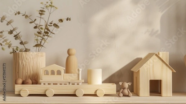 Obraz Wooden train, house, vase with flowers, and small doll on a shelf. Earth tones. AI generative.