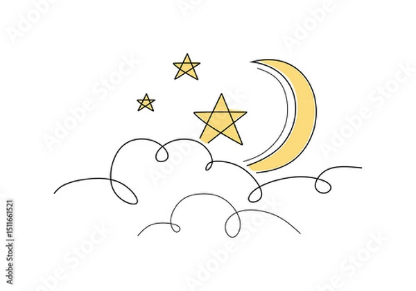 Fototapeta A minimalist line art illustration of a crescent moon and three stars above soft clouds