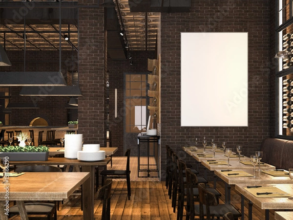 Fototapeta Wnętrze restauracji z pustym płótnem. Renderowanie 3d