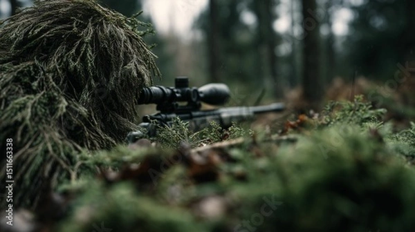 Obraz Camouflaged sniper aiming in forest.