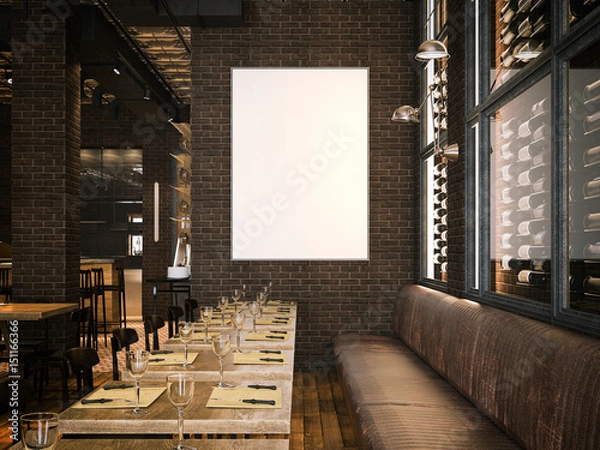 Fototapeta Wnętrze restauracji vintage i puste płótno. Renderowanie 3d