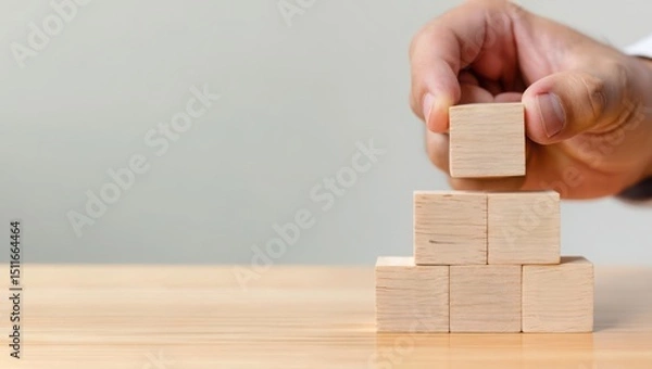 Obraz Building blocks hand stacking wood block cube construction business strategy concept