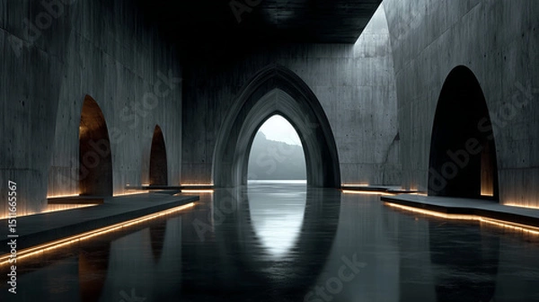 Fototapeta Minimalist concrete hall with towering columns and arched windows, embodying serene symmetry and modern elegance.