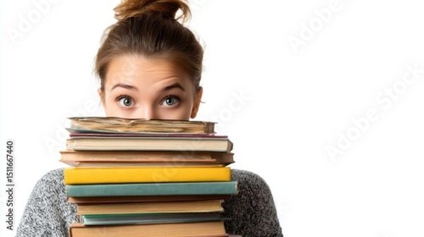 Fototapeta A young woman hides behind a stack of books